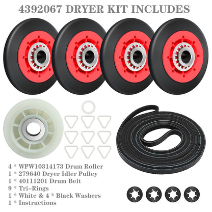 4392067 Dryer Repair Kit for Whirlpool, Maytag, Kenmore and More - Includes WPW10314173 Drum Roller, 661570V Dryer Belt and 279640 Idler Pulley - Baridwon Dryer Replacement Parts