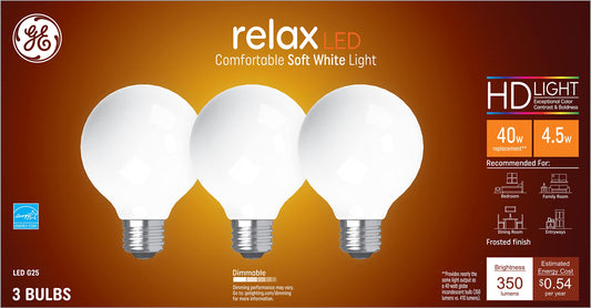 Ge Lighting 43269 4.5 Watt E26 G25 Frosted Soft White Led Dimmable Relax Hd Light Bulbs 3 Count
