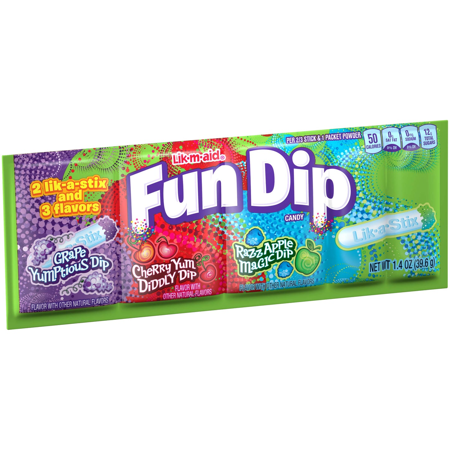 FUN DIP Three Flavor Dip Candy, Grape Yumptious Dip, Cherry Yum Diddly Dip & RazzApple Magic Dip, 1.4 oz Pouch Pack Of 6