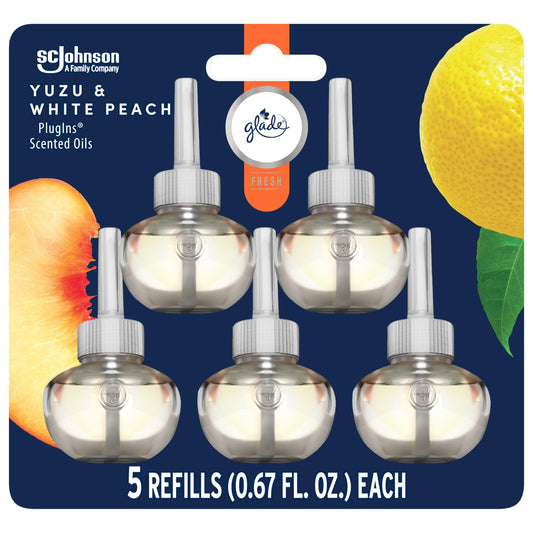 Glade PlugIns Scented Oil Air Freshener Refills, Yuzu & White Peach, Fresh Collection, 0.67oz Each, Pack of 5