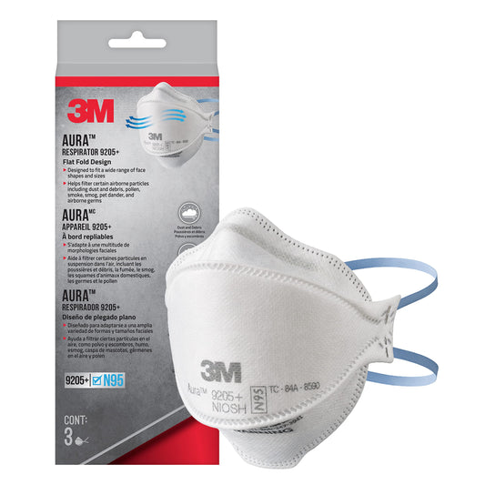 3M Aura N95 Particulate Respirator 9205+, White, 3 Disposable Particulate Respirators
