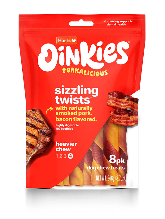 Hartz Oinkies Rawhide-Free Bacon Wrapped Smoked Pig Skin Twists Dog Treats, 8.7oz (8 Count)