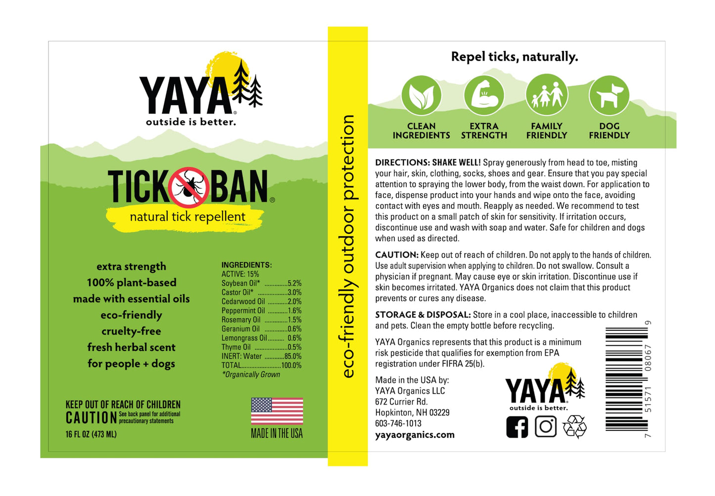 Yaya Organics Tick Ban All Natural Extra Strength Tick Repellent, 16 Oz