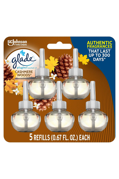Glade PlugIns Scented Oil Refill Cashmere Woods, Essential Oil Infused Wall Plug In, 3.35 FL oz, Pack of 5