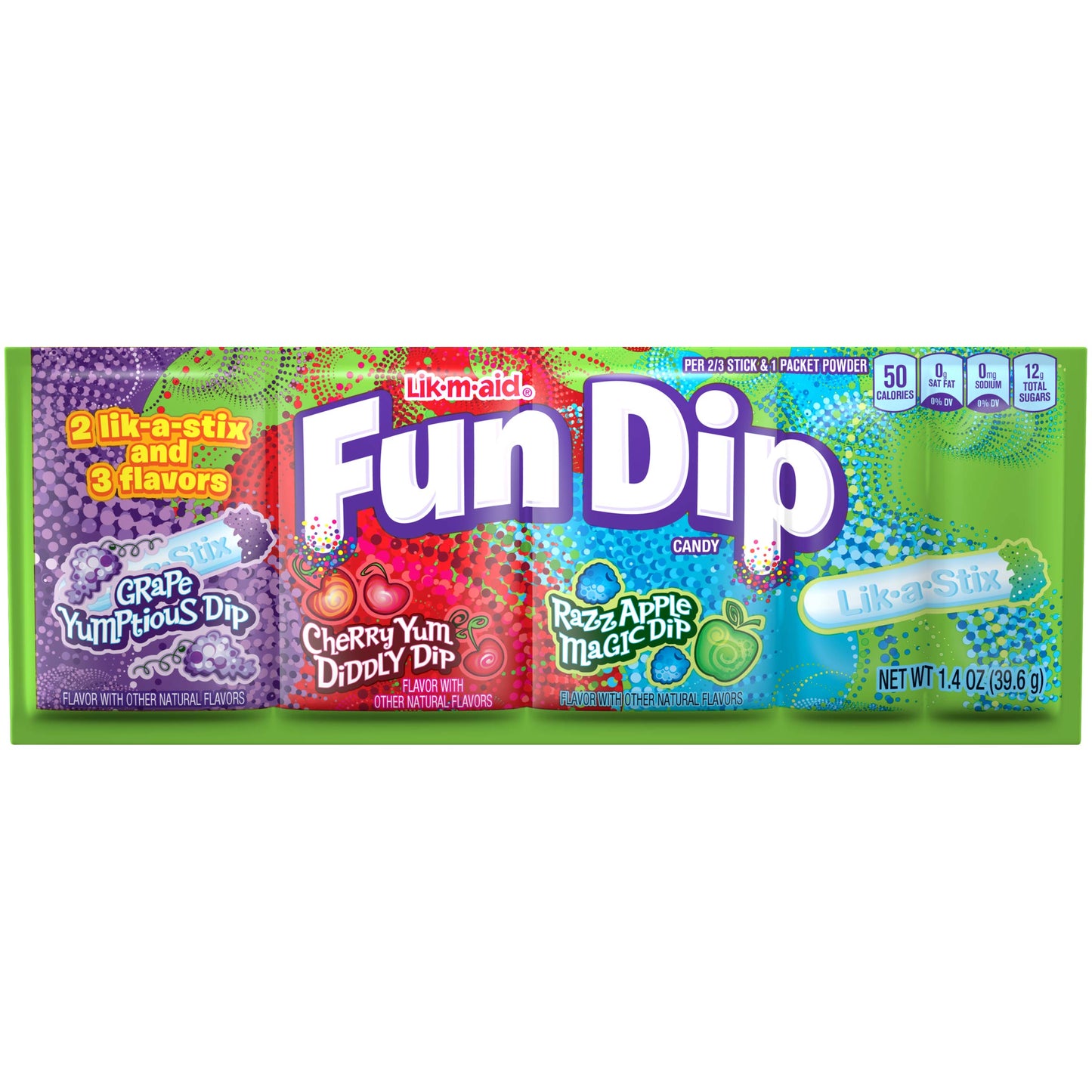 FUN DIP Three Flavor Dip Candy, Grape Yumptious Dip, Cherry Yum Diddly Dip & RazzApple Magic Dip, 1.4 oz Pouch Pack Of 6