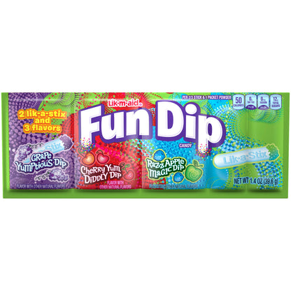 FUN DIP Three Flavor Dip Candy, Grape Yumptious Dip, Cherry Yum Diddly Dip & RazzApple Magic Dip, 1.4 oz Pouch Pack Of 6