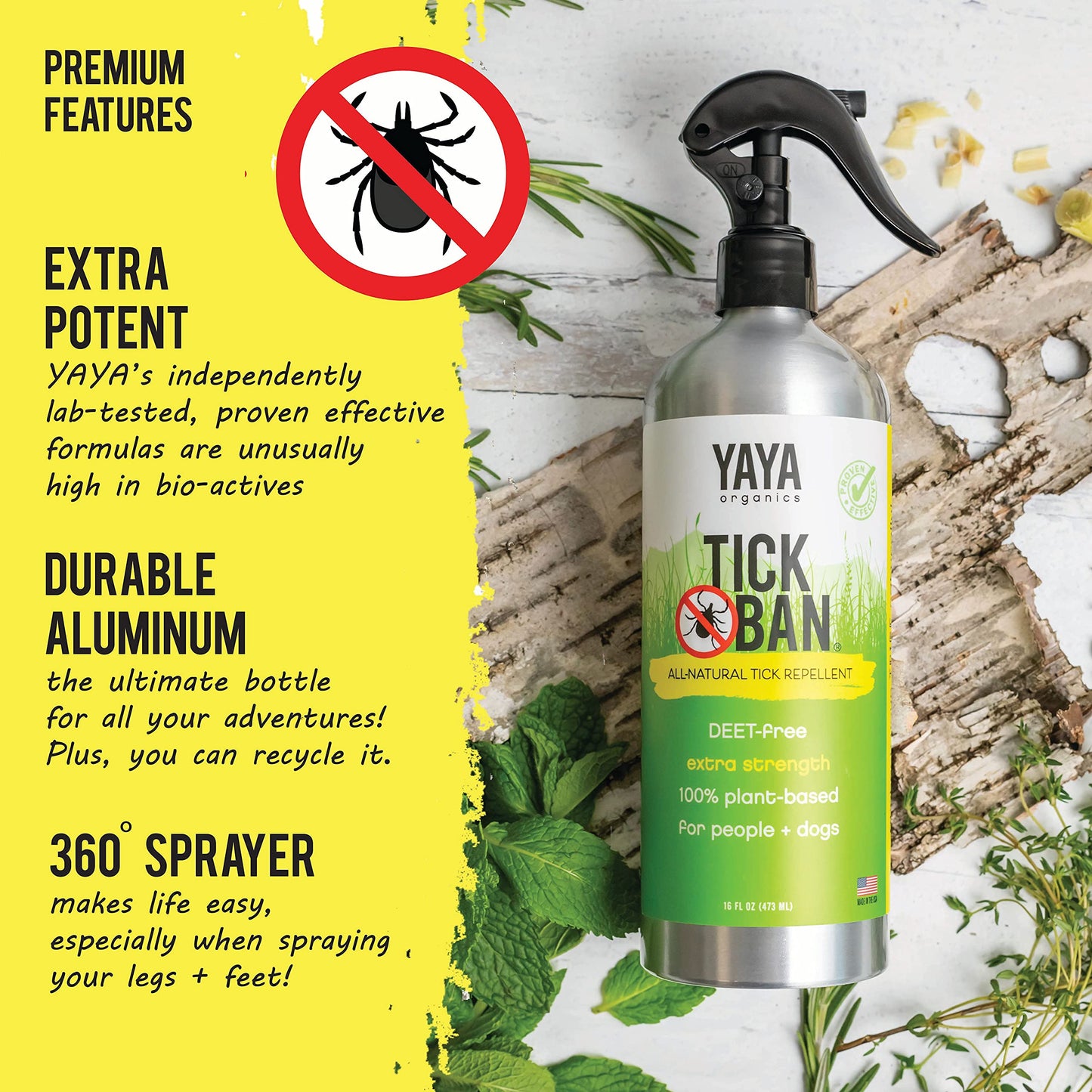 Yaya Organics Tick Ban All Natural Extra Strength Tick Repellent, 16 Oz