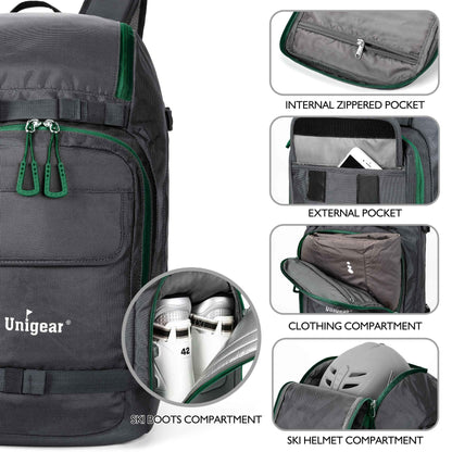 Unigear Ski Boot Bag, 50L Ski Boot Travel Backpack for Ski Helmet, Goggles, Gloves, Skis, Snowboard & Accessories (Gray)