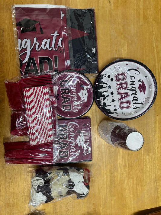 277 Piece Celebration CONGRATS GRAD Set Maroon Color (Serves 24) Party Supplies
