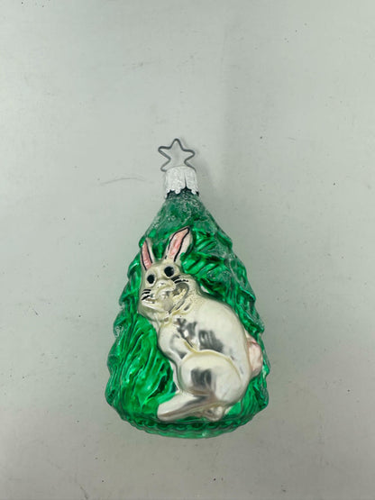 Vintage W. Germany Glass Christmas Tree W/Rabbit Ornament