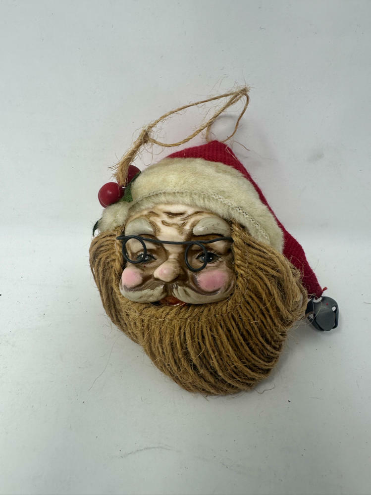 Vintage Santa Clause Head Ornament W/ Wire Glasses and Twine Hair