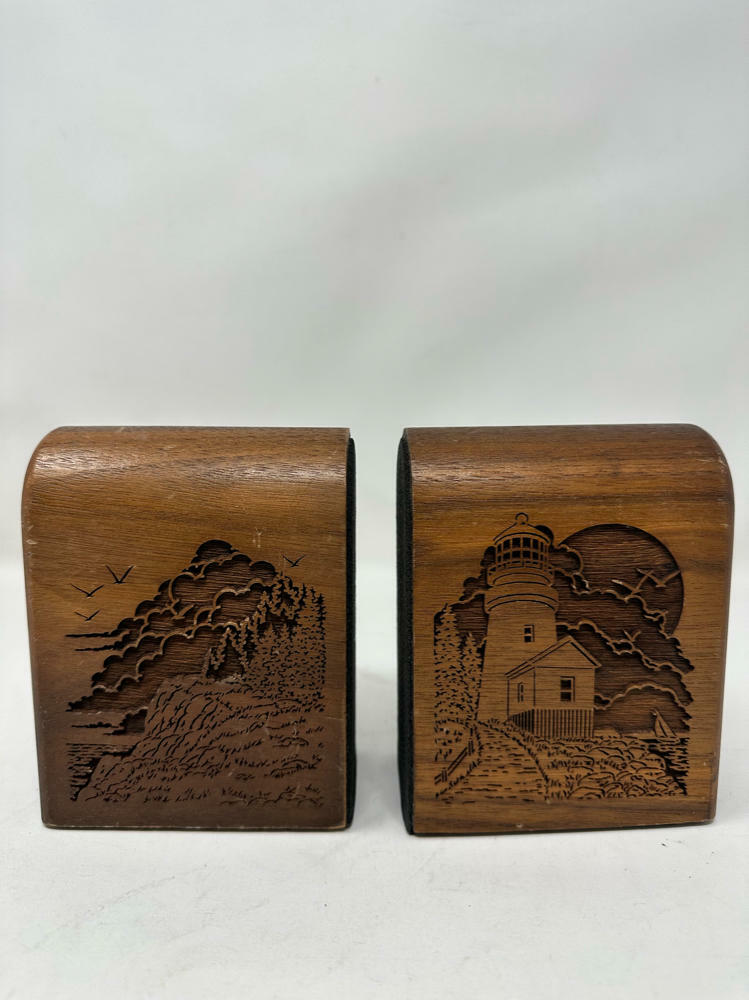 1980s LaserCraft Wood Bookends Vintage Laser Carved Coastal Scenes