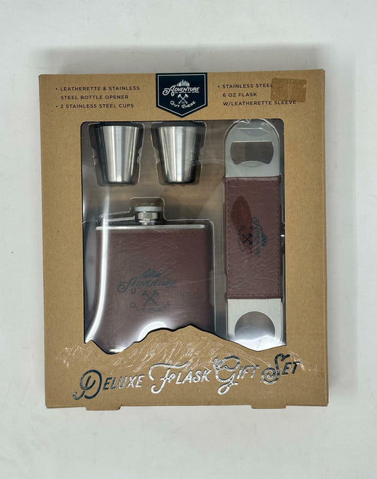 Deluxe Flask Gift Set 'Adventure Out There' Drinkware 4 Pc. NEW IN BOX