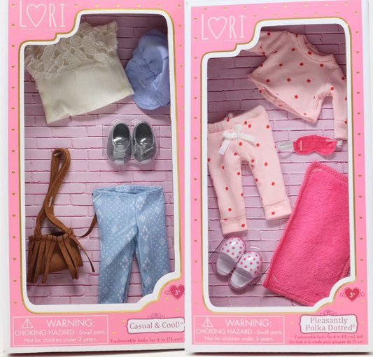 Lori by Our Generation 6” Doll Clothing Set - Casual Outfit & Polka Dot Dress, Accessories Included