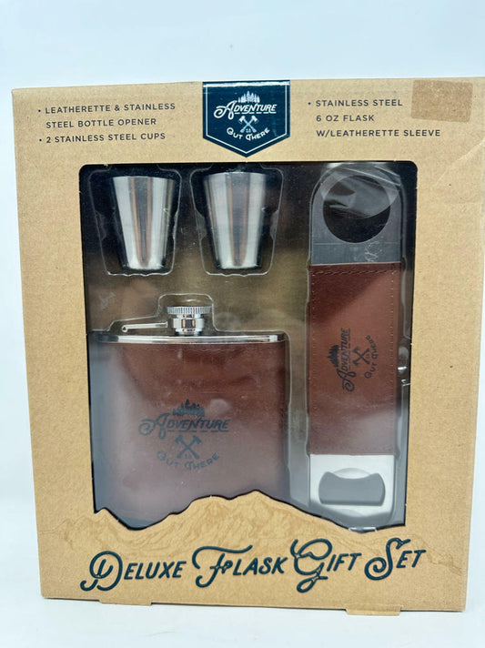 Adventure Is Out There Deluxe Flask Gift Set - 6 oz Flask, Bottle Opener, 2 Cups